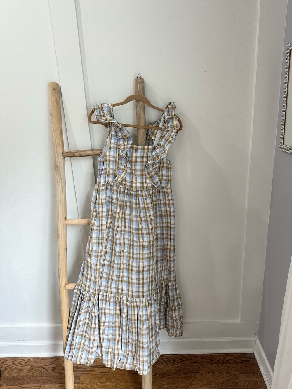 Madewell  Plaid Ruffle Strap Midi Dress in White and Tan